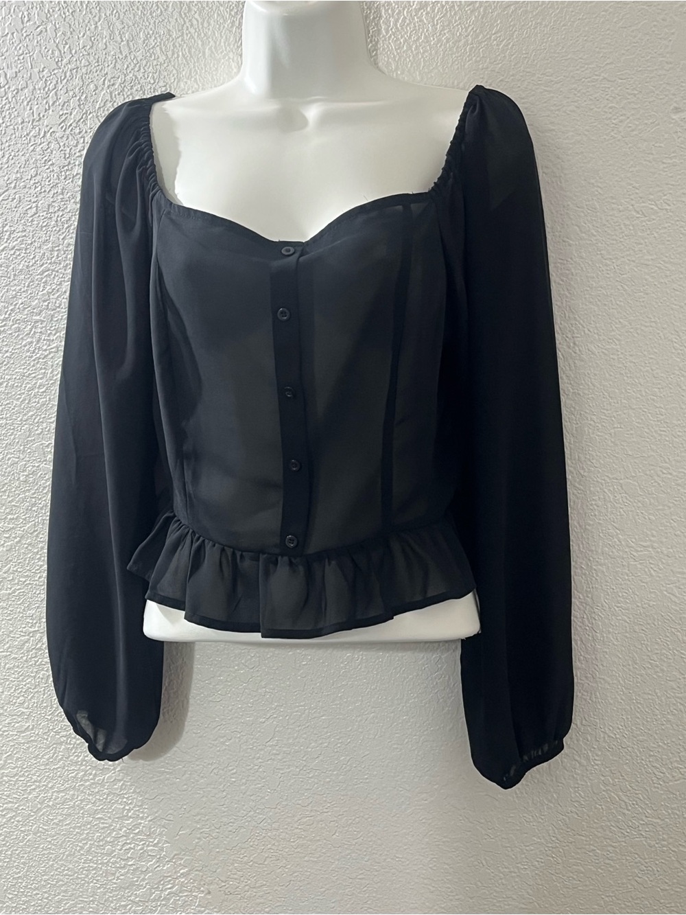 Love Tree Black Sheer Sweetheart Peasant Blouse